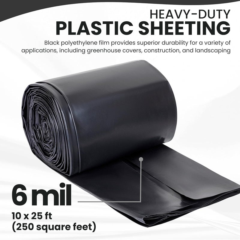 TAPIX Plastic Sheeting (10' x 25') Long, 6 Mil (Black) - UV Protection Poly Sheeting Polyethylene Film, Heavy Duty Greenhouse Plastic Sheeting - Image 1